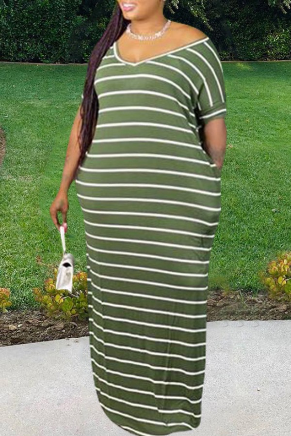 

Lovely Leisure V Neck Striped Army Green Maxi Plus Size Dress