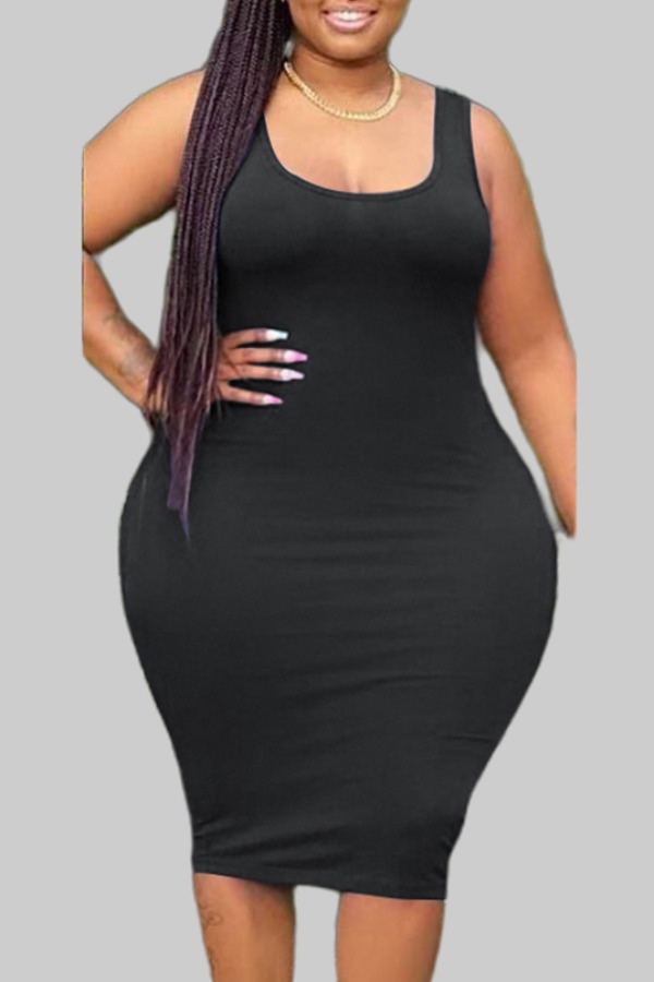 

lovely Casual U Neck Skinny Black Knee Length Plus Size Dress