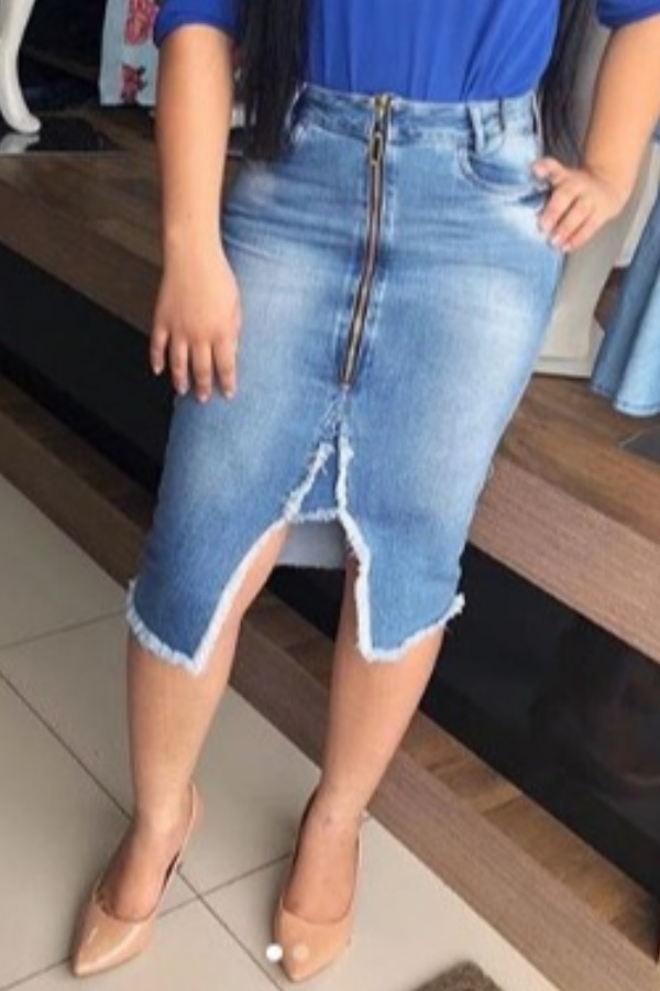 

lovely Trendy Zipper Design Blue Denim Skirt