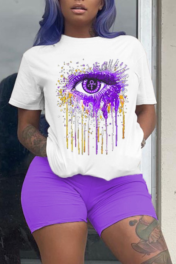 

Lovely Street Eye Print Purple Two Piece Shorts Set