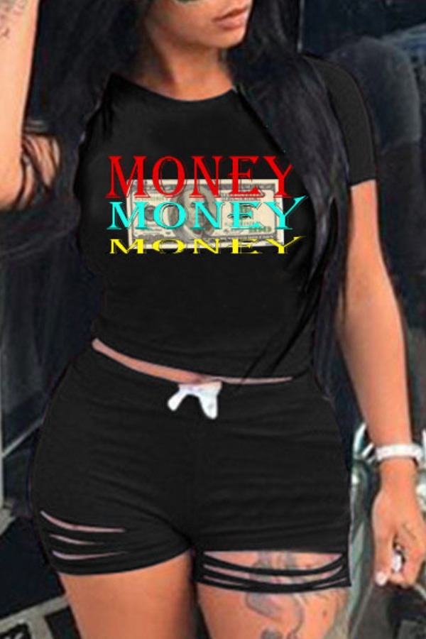 

lovely Casual O Neck Letter Print Black Two Piece Shorts Set