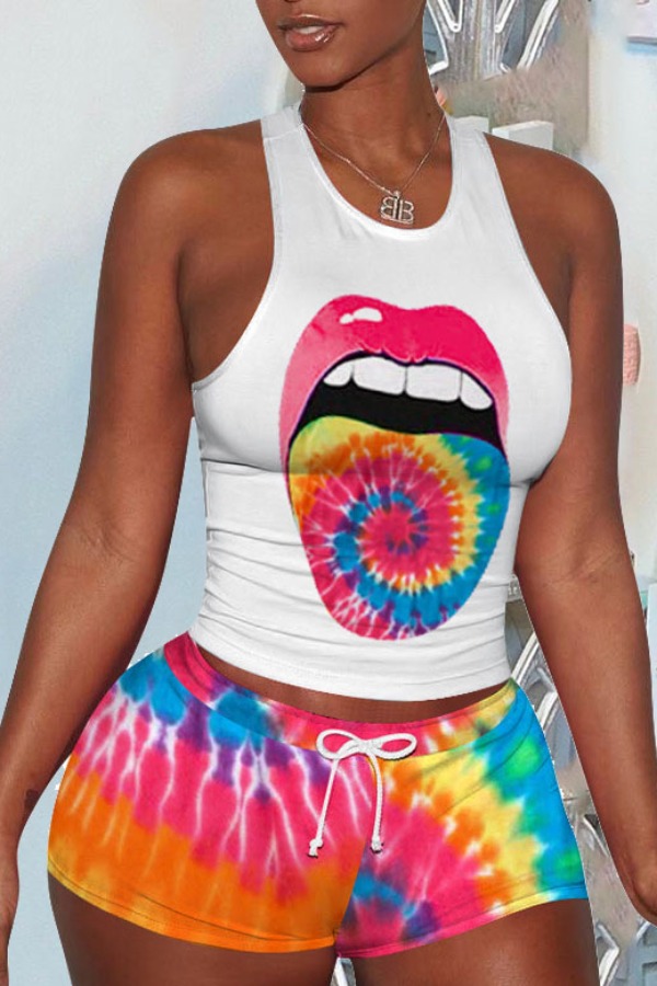 

lovely Street Lip Print Orange Two Piece Shorts Set