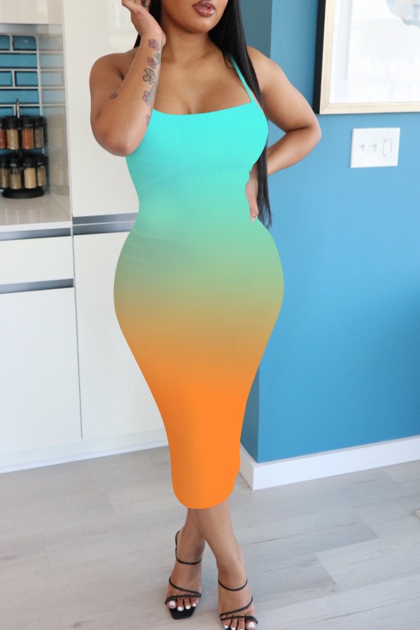 

Lovely Casual Gradual Change Orange Mid Calf Dress