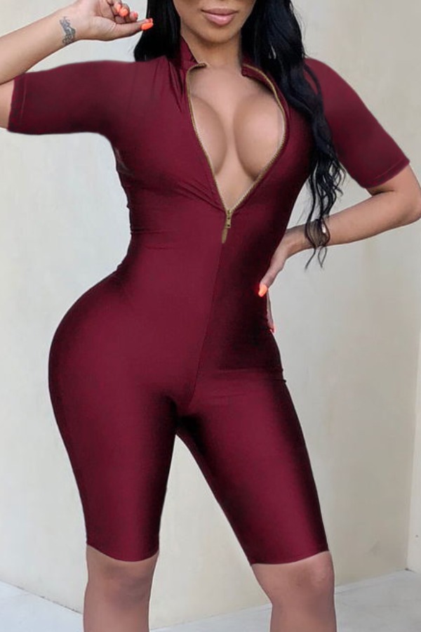 

lovely Sportswear Zipper Design Wine Red One-piece Romper