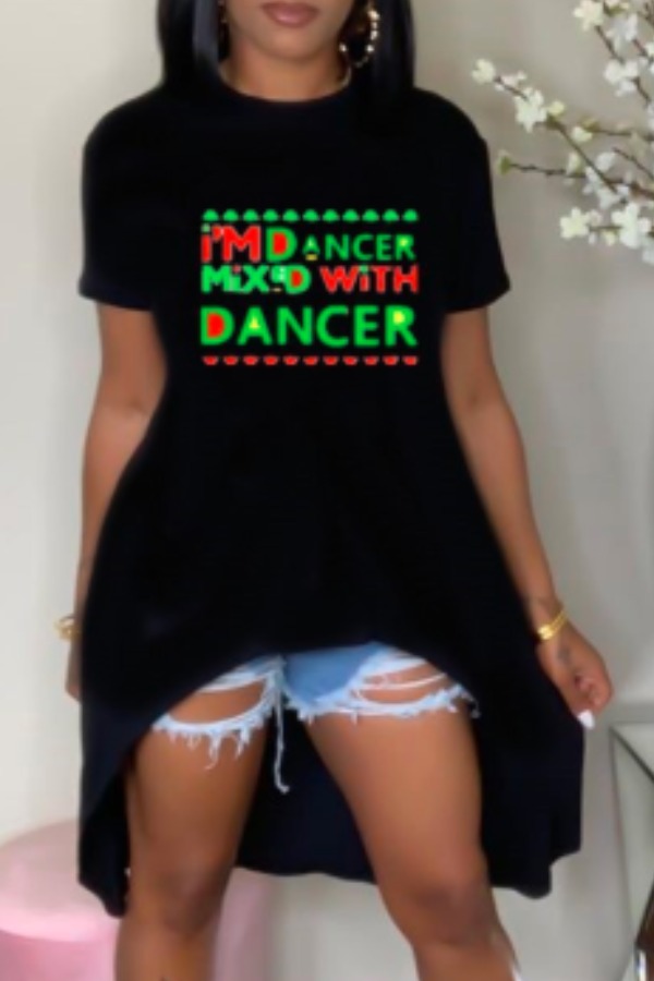 

lovely Street Letter Print Asymmetrical Black T-shirt
