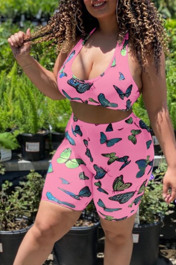 

lovely Sportswear U Neck Butterfly Print Pink Two Piece Shorts Set