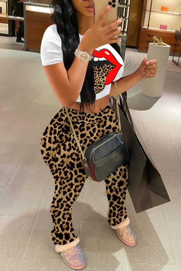 

Lovely Casual O Neck Leopard Print Two Piece Pants Set