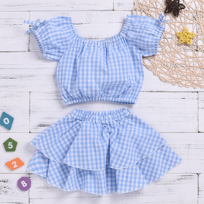 

lovely Sweet Grid Print Baby Blue Girl Two-piece Skirt Set