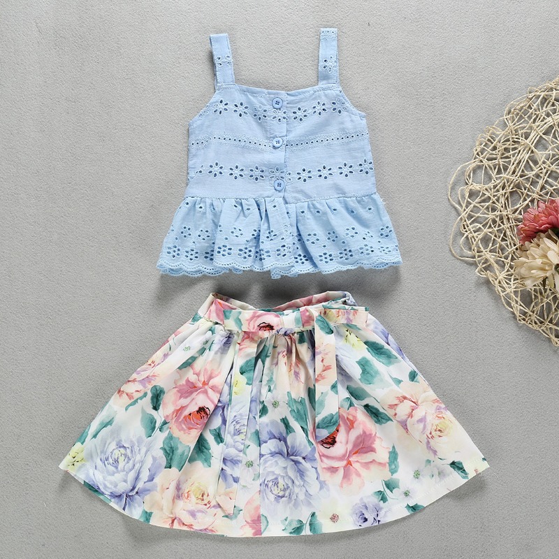 

lovely Sweet Floral Print Baby Blue Girl Two-piece Skirt Set