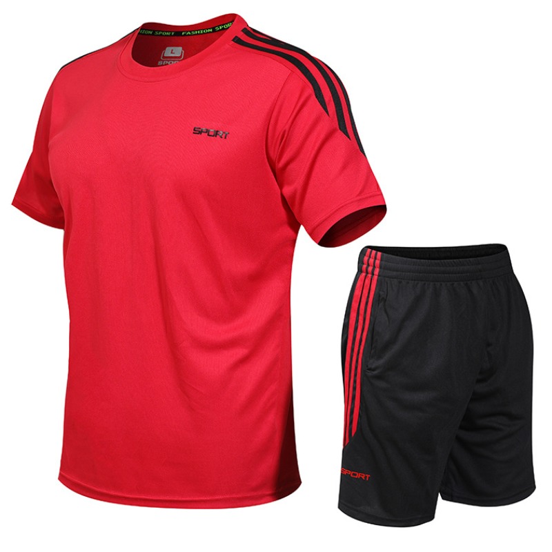 

Men Lovely Sportswear O Neck Patchwork Red Two-piece Shorts Set
