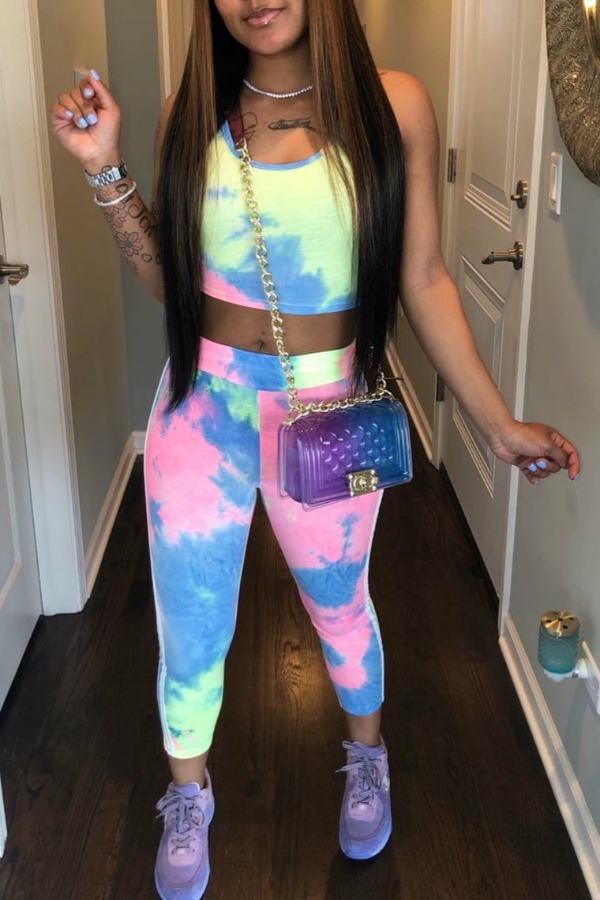 

lovely Sportswear U Neck Tie Dye Multicolor Two Piece Pants Set, Multi