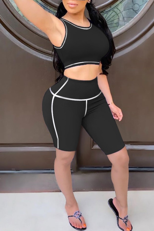 

lovely Sportswear Patchwork Black Two-piece Shorts Set