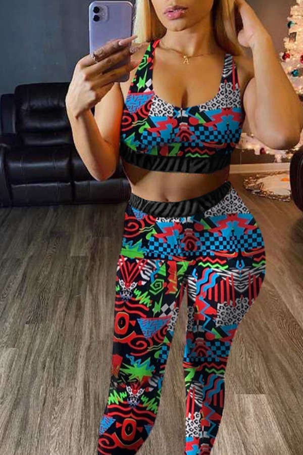 

lovely Sportswear U Neck Print Multicolor Two-piece Pants Set, Multi
