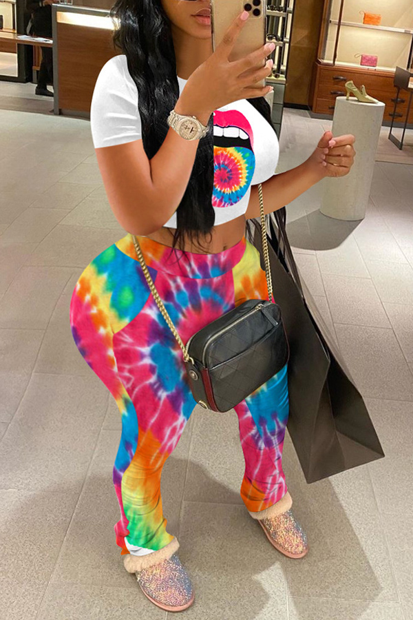 

lovely Casual Lip Print Orange Plus Size Two-piece Pants Set