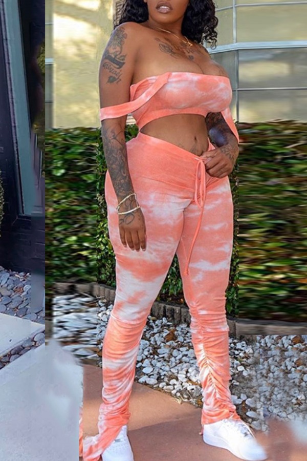 

Lovely Trendy Dew Shoulder Tie Dye Pink Two Piece Pants Set