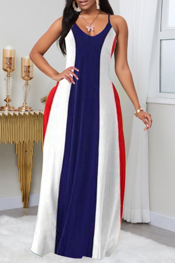 

Lovely Plus Size Casual Striped Print Blue Maxi Dress, Blue stripe