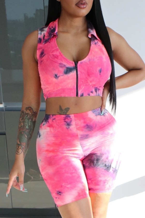 

lovely Leisure O Neck Zipper Design Tie Dye Red Two Piece Shorts Set