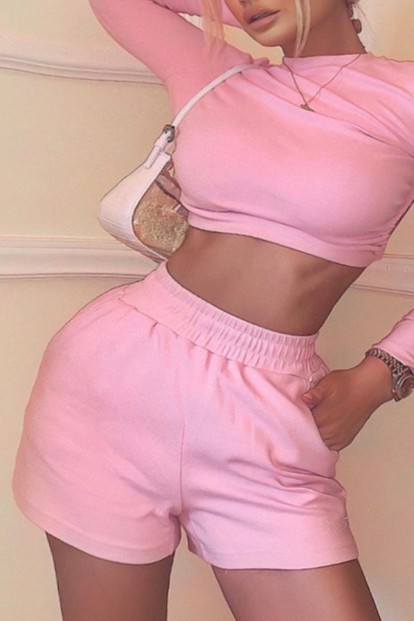

lovely Stylish O Neck Backless Pink Two Piece Shorts Set