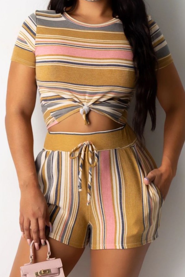 

lovely Street O Neck Striped Lemon Yellow Two Piece Shorts Set