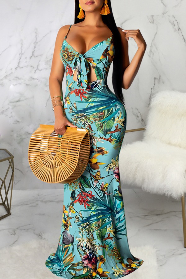

lovely Bohemian Plants Print Baby Blue Maxi Dress
