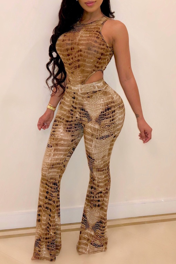 

lovely Stylish Print Hollow-out Brown One-piece Jumpsuit