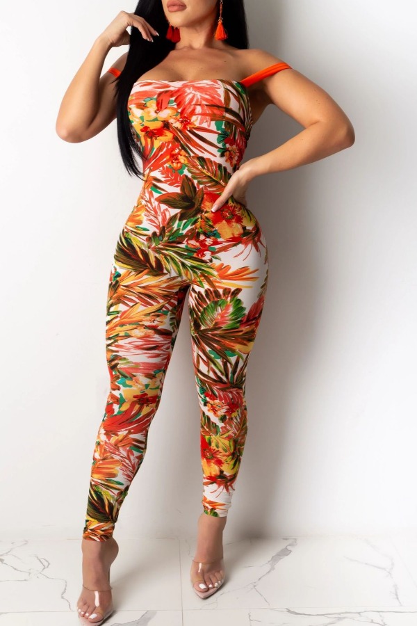 

lovely Stylish Plants Print Red One-piece Jumpsuit