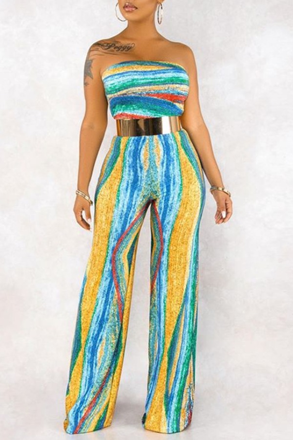 

lovely Stylish Dew Shoulder Print Blue One-piece Jumpsuit
