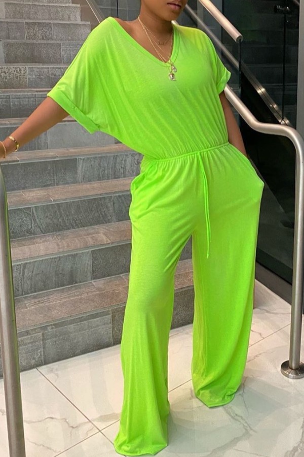 

lovely Leisure V Neck Lace-up Green One-piece Jumpsuit