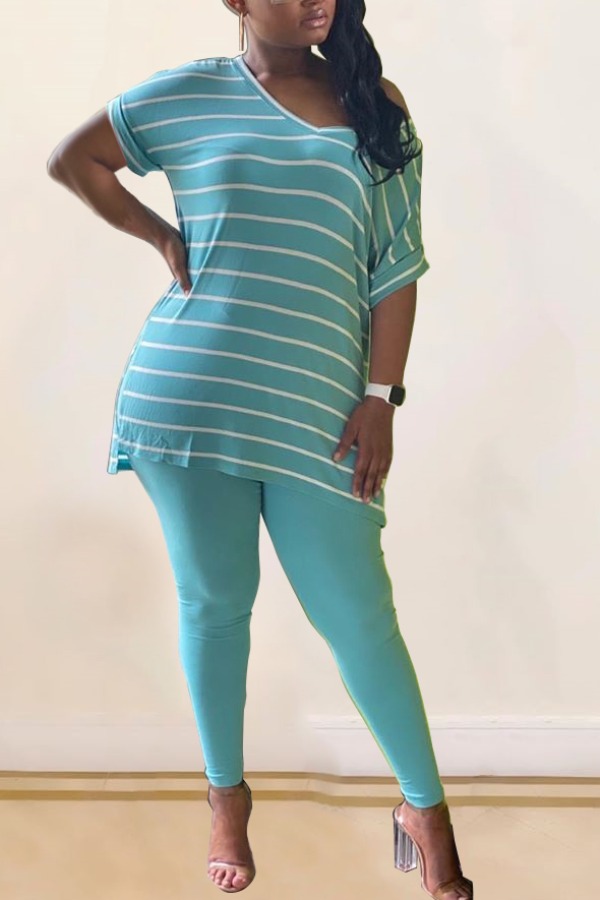

lovely Leisure V Neck Striped Blue Plus Size Two-piece Pants Set