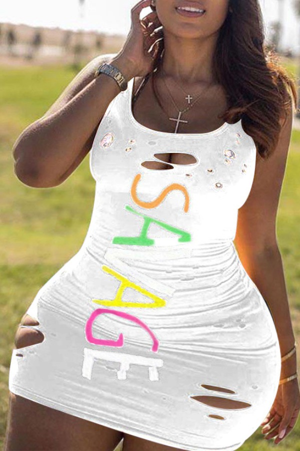 

lovely Street U Neck Letter Print White Mini Plus Size Dress