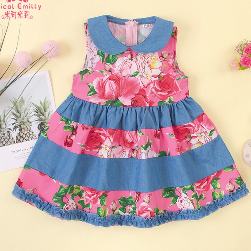 

lovely Stylish Print Patchwork Blue Girl Knee Length Dress