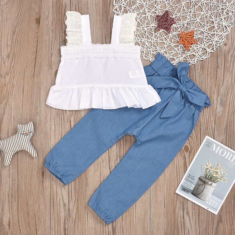 

lovely Sweet Flounce Design White Girl Two-piece Pants Set