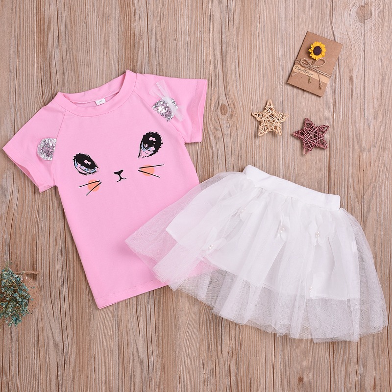 

lovely Casual O Neck Print Pink Girl Two-piece Skirt Set