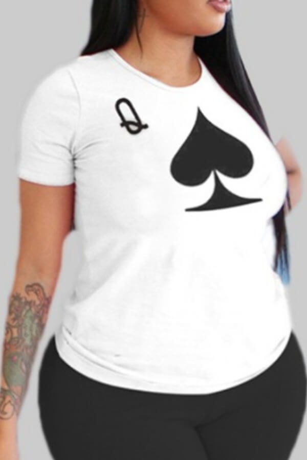 

Lovely Plus Size Leisure O Neck Print White T-shirt