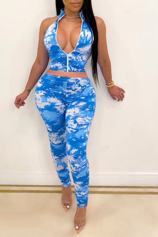 

lovely Sportswear Tie Dye Zipper Design Blue Two Piece Pants Set