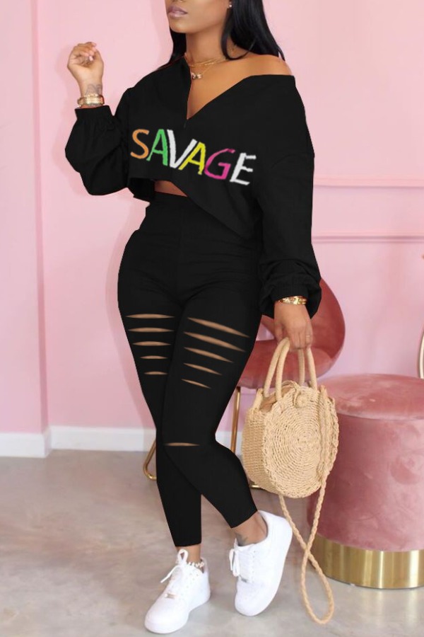 

lovely Leisure Letter Print Black Two Piece Pants Set