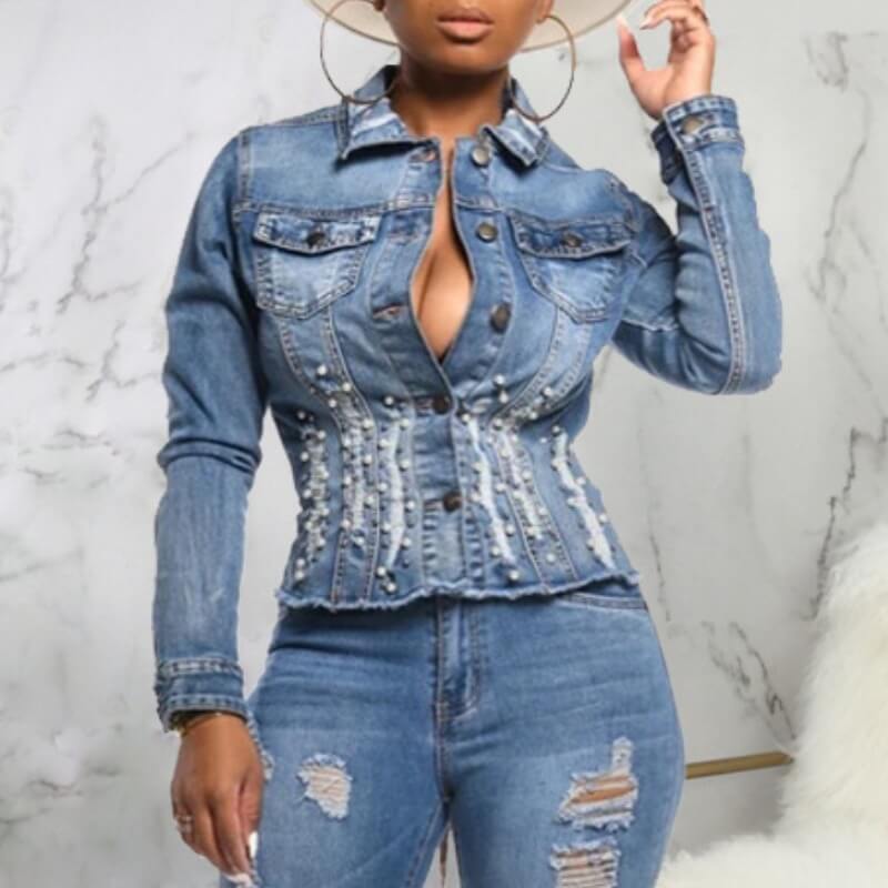 

Lovely Stylish Buttons Design Blue Denim Jacket