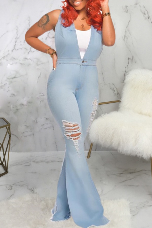 

lovely Trendy Broken Holes Baby Blue Denim One-piece Jumpsuit