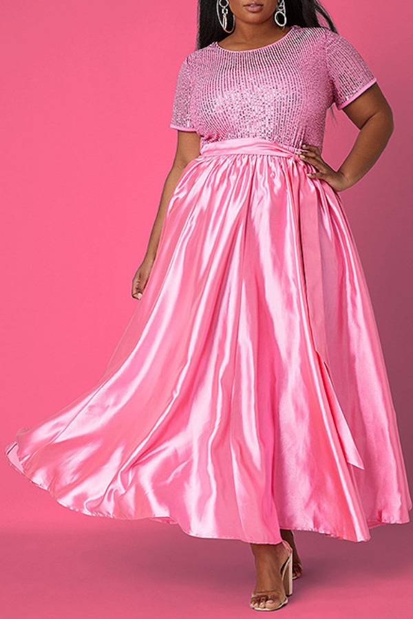 

lovely Casual Patchwork Fold Design Pink Maxi Plus Size Dress