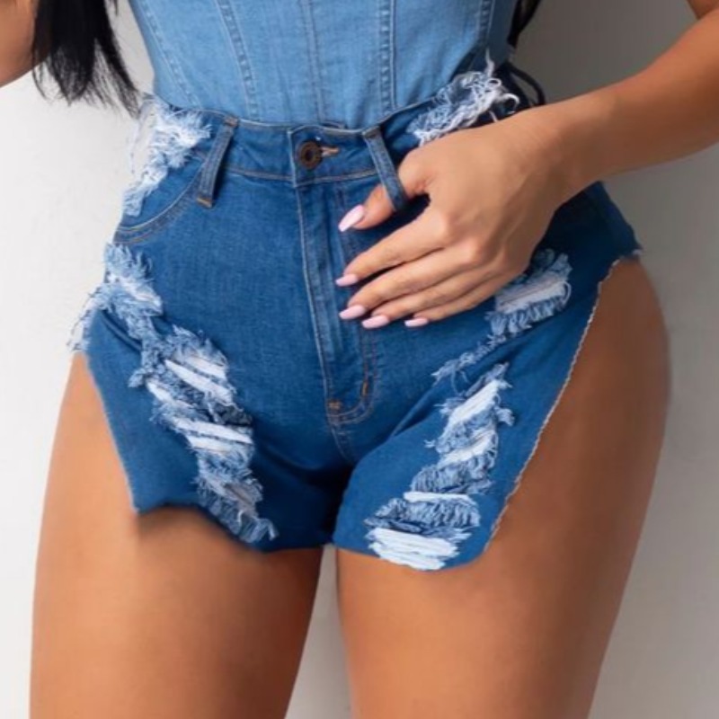 

lovely Trendy Broken Holes Asymmetrical Blue Denim Shorts