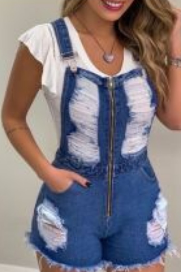 

lovely Stylish Broken Holes Deep Blue Denim One-piece Romper