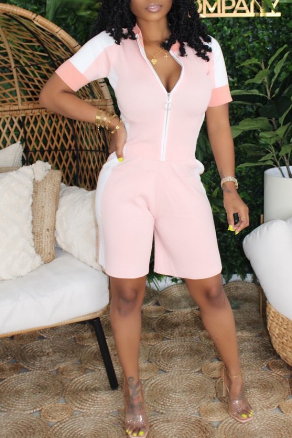 

lovely Sportswear Patchwork Zipper Design Light Pink Two Piece Shorts Set