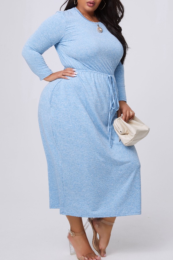 

lovely Casual O Neck Lace-up Blue Mid Calf Plus Size Dress