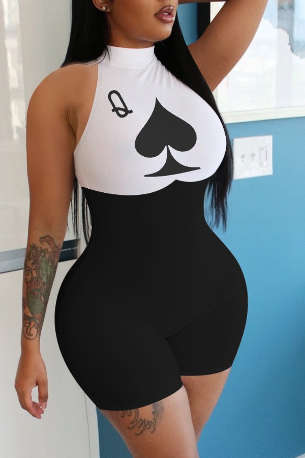 

LW BASICS Plus Size Casual Print Patchwork Black One-piece Romper