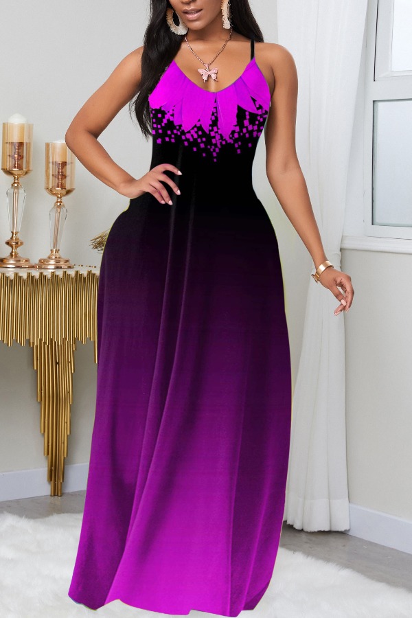 

lovely Bohemian Gradual Change Print Purple Maxi Plus Size Dress