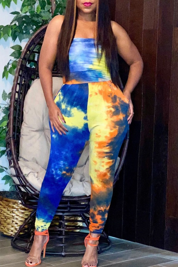 

lovely Trendy Dew Shoulder Tie-dye Blue Plus Size One-piece Jumpsuit