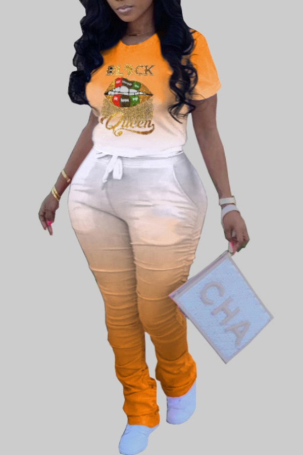 

lovely Leisure O Neck Lip Print Croci Plus Size Two-piece Pants Set
