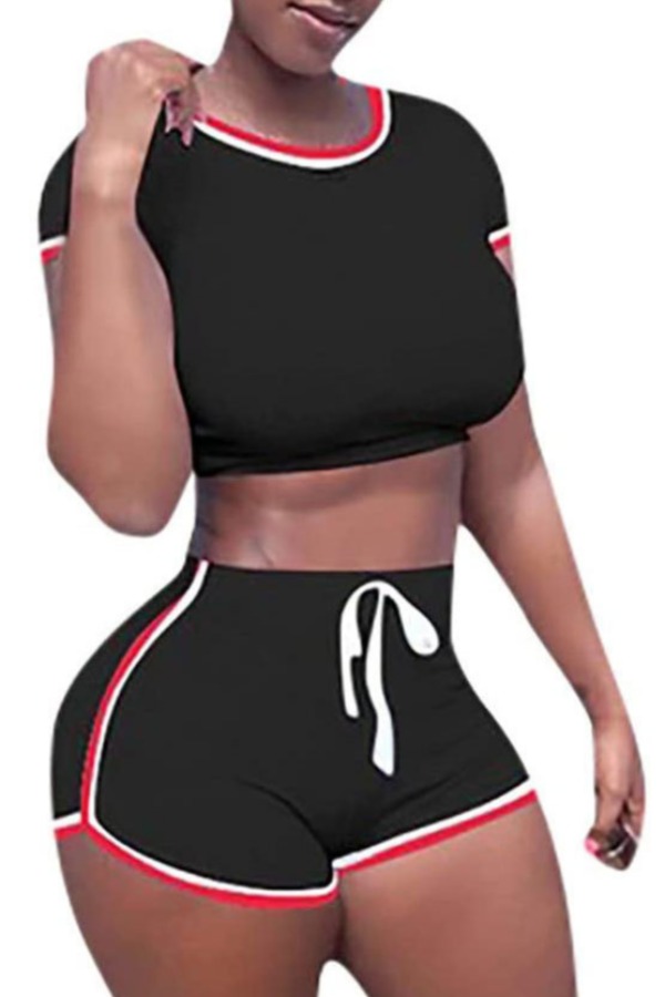 

lovely Sportswear Patchwork Black Two-piece Shorts Set