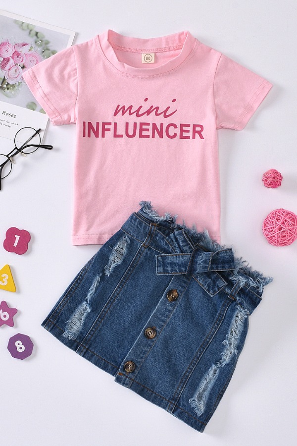 

lovely Leisure O Neck Letter Print Pink Girl Two-piece Skirt Set