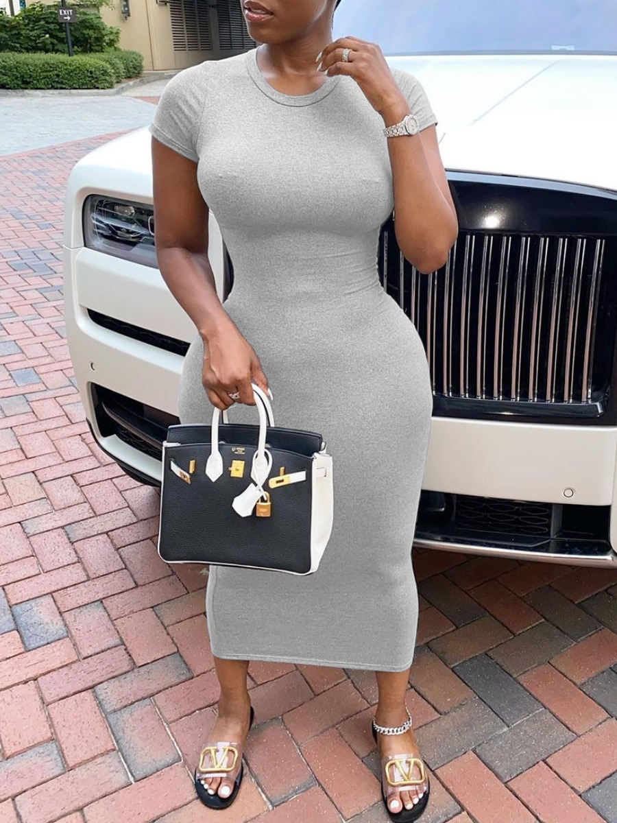

Lovely Casual O Neck Skinny Grey Mid Calf Dress